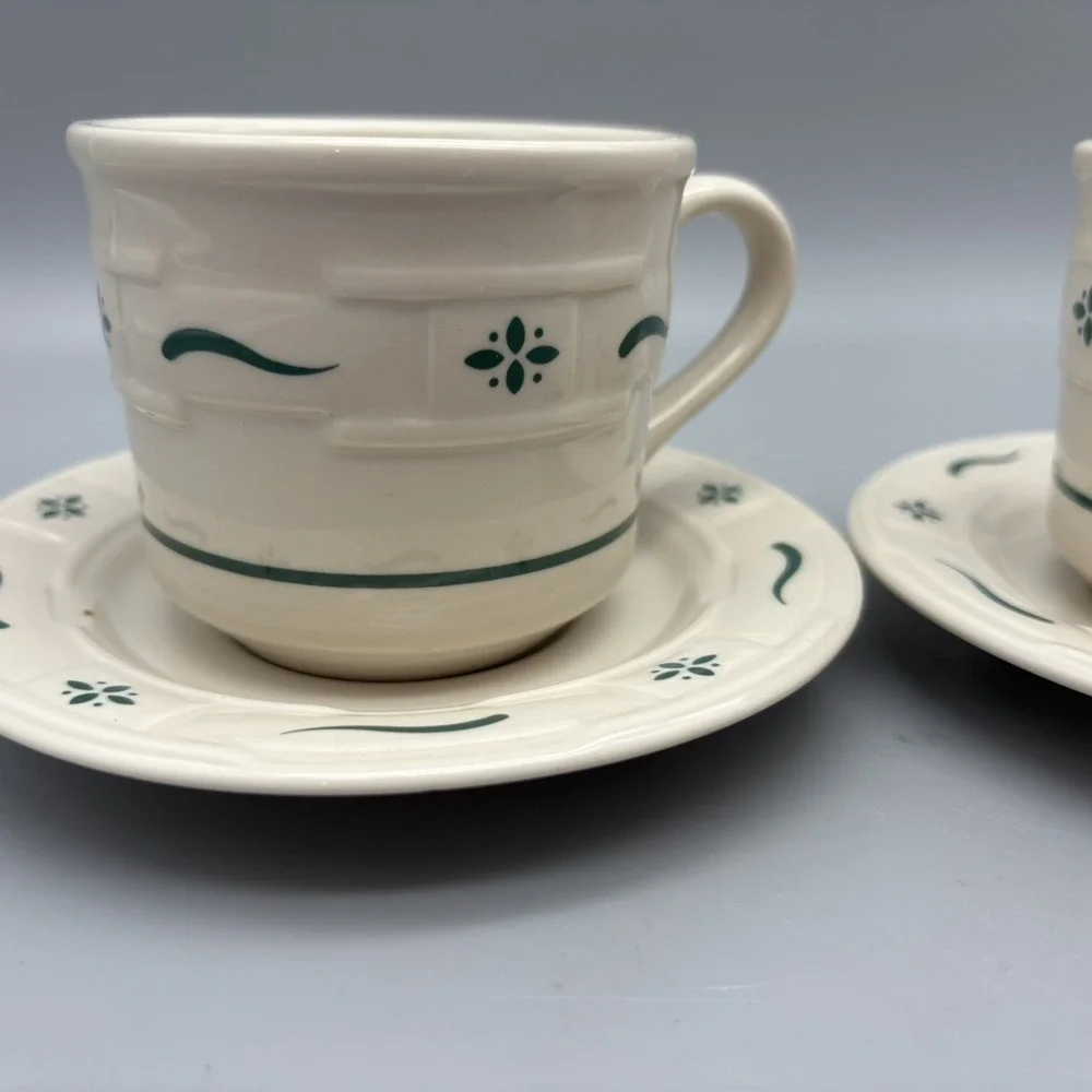 Longaberger Pottery Woven Traditions Classic w/ Green - Coffee Cup & Saucer Set2